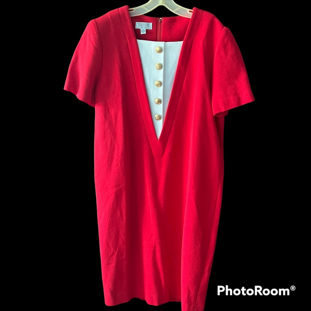 Vintage Bergdorf Goodman Red & White with Gold Button Shift Dress
